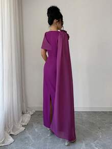 Rafferiza 女士浪漫优雅时尚约会晚宴假日茶歇裙，饰有花卉图案腰带和开衩设计，适合春、夏、秋季穿着。 - 中紫紅色 - 查看 3