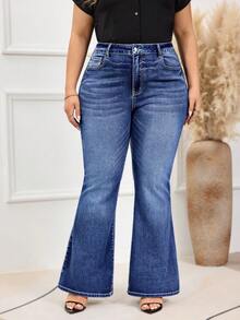EMERY ROSE Jeans de pierna acampanada con bolsillo bordado para mujer de talla grande - Azul lavado oscuro - Ver 4