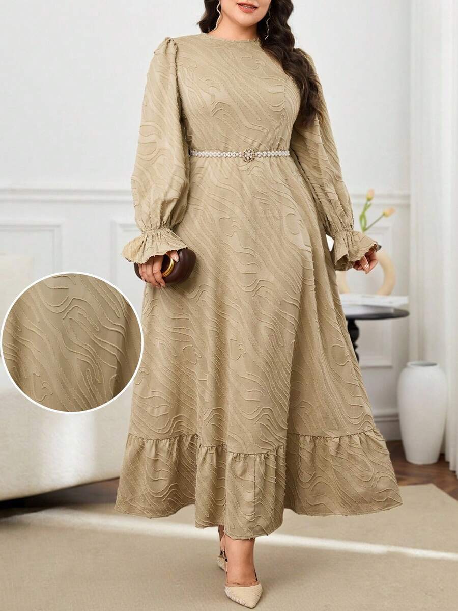 Modelyn Váy maxi Ả Rập dài tay thanh lịch viền bèo nhún màu trơn cỡ lớn dành cho nữ - Màu Khaki - Xem 1