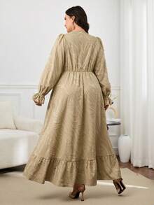 Modelyn Váy maxi Ả Rập dài tay thanh lịch viền bèo nhún màu trơn cỡ lớn dành cho nữ - Màu Khaki - Xem 4