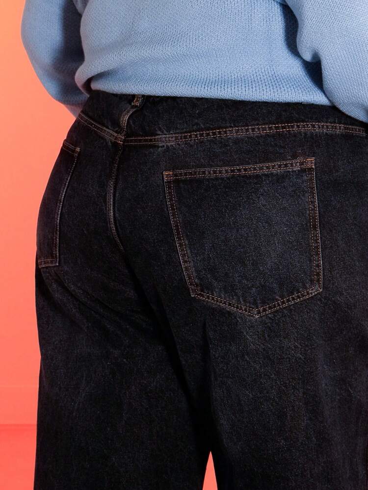 Pretty and Ole Plus Size High Waist Straight Jeans With Folded Hems, Ankle Pants, Comfortable Elastic Waistband, Retro Denim Fall Women Clothes - Dark Wash - View 8