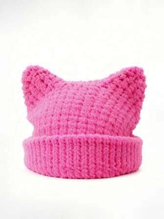 Grunge Punk 1 Stück fuchsiafarbene gestrickte Katzenohren Beanie, Y2K Stil einfarbige warme lässige Mütze, vielseitiger Modehut für den täglichen Gebrauch