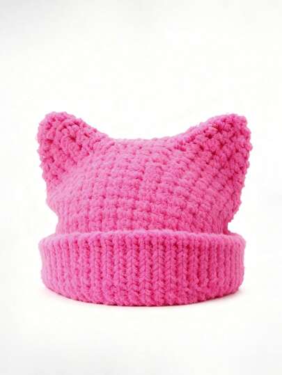 Grunge Punk قبعة بيني مضفرة بأذن قطة باللون الأرجواني، قبعة دافئة بلون أحادي بطراز Y2K، قبعة موضة متعددة الاستخدامات للارتداء اليومي