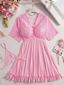 Crystal Vow 2件套婚纱蕾丝撞色网纱深V镂空爱心水钻加大码性感内衣吊带裙+丁字裤