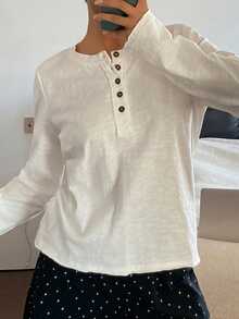 DAZY 女士简约半开襟纽扣装饰家居服上衣 - 白色 - 查看 4