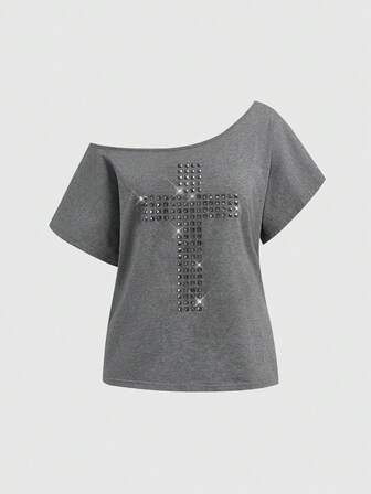 Grunge Punk maglietta casual oversize di colore unito con design punk a croce e rivetti, taglio laser stile Y2K