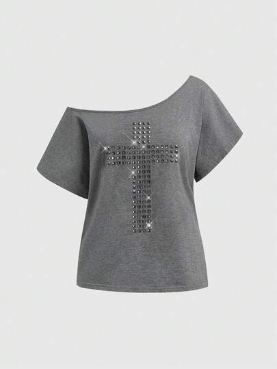 Grunge Punk Y2K Punk Kreuz Niet Design Laser Cut Loose Fit einfarbiges Lässig T-Shirt