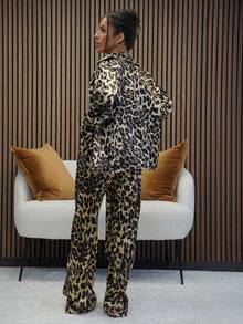 SAYEHFBABY Leopard Print Silk-Like Lapel Top And Long Pants Women Pajama Set, Fall Clothes  Cozy And Elegant Details - Multicolor - View 2