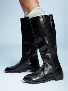 Sugerpunk 女士时尚休闲圆头拉链过膝长靴，秋季 - 黑色 - 查看 5