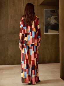 Hansera 2pcs Set: French Pattern Print Long Sleeve Concealed Placket Shirt & Wide Leg Pants, Suitable For Daily, Elegant, Outdoor, Retro, Autumn/Winter Outfits,Christmas Outfit For Women,Graphic Tee,Graphic Tees Women,Elegant Blouses For Women,Red - Multicolor - View 2