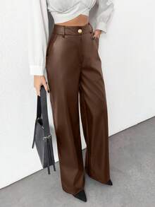 EURMUSE Gold Button Detailed Straight Fit Leather Pants - Brown - View 4