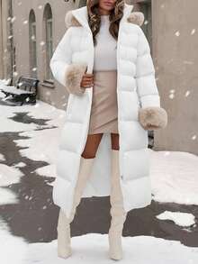 EURMUSE 带蓬松帽领和袖口的连帽大衣，配有腰带，及地长款，非常保暖且优雅 - 白色 - 查看 6