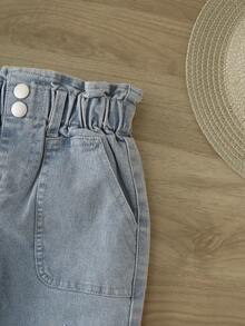 Young Girls Jeans, Tapered Leg Denim Pants, Light Wash Floral Embroidered Waistband, Cute Daisy Embroidery, Casual Loose Fit, Elastic Waist, Suitable For School, Party, Daily Wear, Travel, Autumn - Light Wash - View 4