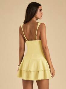 Vestido mini sexy de moda con cuello en V profundo, cierre delantero con cremallera y dobladillo con volantes sin mangas de unicolor para mujer - Amarillo - Ver 2