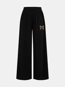 SHEIN Tween Girls Leopard Bow Print Short Sleeve T-Shirt & Long Pants 2 Pieces Set, Casual Daily Fashion Matching Outfit Teen 2 Pieces Pants Set Girls Ribbed Set Girls Pants And Top Flare Pants Set Kids Girls Wide Leg Pants Set - Black - View 5