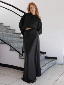 SILVIA DI SANTO Women Black Satin A-Line Skirt Women Skirts Long, Elegant Skirt - Black - View 3