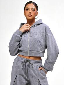 BABYPHAT Cropped Full Zip Sweatshirt With Embossed Text Detail Grey Glitter Jersey Sweatshirt Casual Oversized Pullover Winter Fall - Grey - View 3