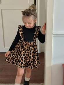 Emery Rose Kids Emery Rose Kids 女童圆领长袖豹纹拼接荷叶边下摆二合一时尚连衣裙 - 棕色 - 查看 3