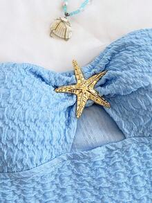 Soleia 女式度假白色针织纹理露肩胸前镂空褶饰金属海星装饰紧身迷你连衣裙，性感派对约会海滩度假夏装 - 藍色 - 查看 7