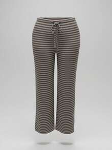 Auralis White Sequence,Autumn,Smart Casual,Everyday Retro Plus Size Brown Striped Straight Leg Pants,Y2K Drawstring Waist Soft Knit Trousers,College Style - Multicolor - View 1