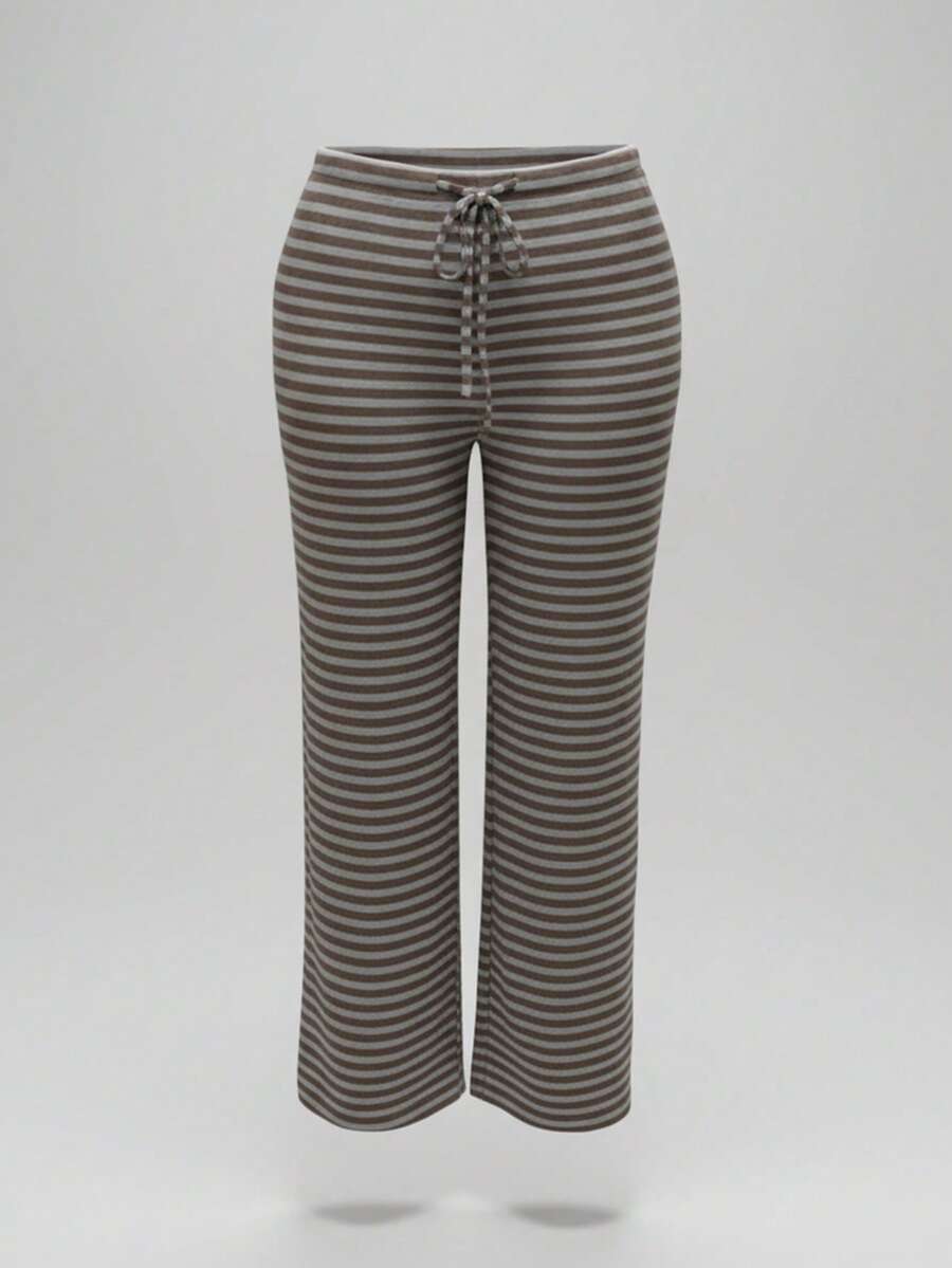 Auralis White Sequence,Autumn,Smart Casual,Everyday Retro Plus Size Brown Striped Straight Leg Pants,Y2K Drawstring Waist Soft Knit Trousers,College Style - Multicolor - View 1