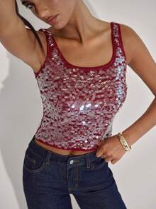 SHEIN BAE Women's New Year's Party Rave Party Sequined Square Neck Top / Party Top / Club / Evening Top / Red Top/Sequin Top/Glitter Top/New Year/Women's New Year's Eve Top,Tank Top - Burgundy - View 7