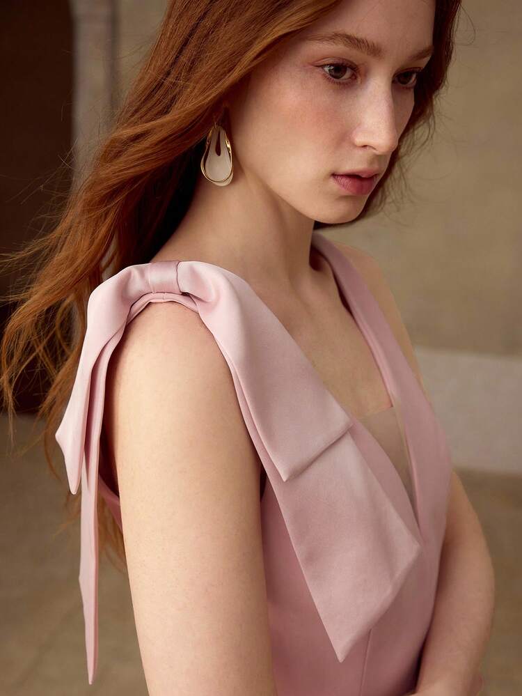 WOMEN'S BOW DETAIL MIDI DRESS, SUITABLE FOR DATES, PARTIES, AND FORMAL EVENTS