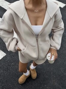 Muchica 2pcs This Two-Piece Women's Winter Hooded Zip-Up Sweatshirt And Pants Set Features Embroidered Lettering. The Casual Sweatshirt And Long-Sleeved Top Are Suitable For Graduation Ceremonies, Back-To-School Season, Graduation Ceremony, Female Teacher Attire, Fall/Winter Back-To-School Season, And Christmas. - Apricot - View 1