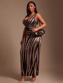 SHEIN SXY Abito elegante e sexy aderente da donna taglie forti, con motivo a stampa zebrato che valorizza le curve, abito senza schiena, adatto per uscite quotidiane, appuntamenti, feste, compleanni - Albicocca - Visualizzare 5