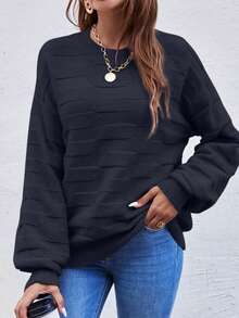 EMERY ROSE Women's Solid Color Round Neck Drop Shoulder Long Sleeve Casual Sweater, Autumn/Winter - Iron Gray - View 3