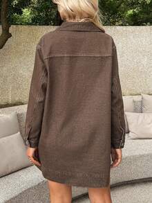 SHEIN LUNE 女士翻领落肩长袖口袋直筒宽松休闲牛仔连衣裙 - 棕色 - 查看 2