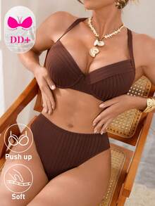 Swim DD+ Women's Coffee Color Ribbed Underwire Padded Bikini Set With Wide Strap, Slimming Design, Fashion Beach Vacation Swimsuit - Coffee Brown - View 3