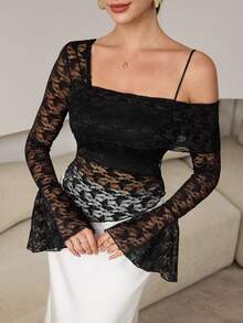 Modelyn Women's Sexy Asymmetric Shoulder Long Sleeve Asymmetrical Cropped Lace Sheer Flare Sleeve Blouse - Black - View 4
