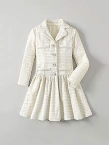 Ontre Tween Girl Jacquard Knit Pearl Button V-Neck Elegant Long Sleeve Dress - Apricot - View 1