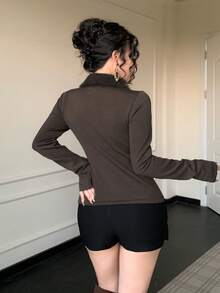 DAZY Áo khoác cardigan cổ tua rua thanh lịch dành cho nữ, Thu/Đông - Cà phê nâu - Xem 2