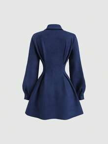 Sweetra Gaun Mini A-Line Wanita Model Terbaru Musim Semi/Gugur, Cocok untuk Jalan-jalan, Liburan, Perjalanan, dan Gaya Kuliah, Terbuat dari Kain Suede Warna Polos dengan Desain Lipit di Pinggang. - Navy Blue - View 2