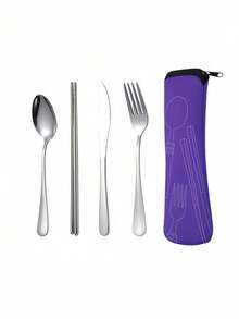 4 件套不锈钢餐具套装筷子刀叉勺（蓝色/紫色/粉色/绿色）和 3 件套银质餐具旅行餐饮必需品 - 彩色 - 查看 12