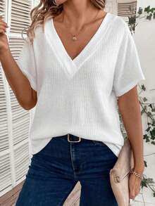 Selamara New Plus Size Women Fashion V-Neck Loose Short Sleeve T-Shirt - White - View 1