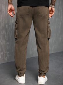 Manfinity Homme Men's Drawstring Waist Cargo Pocket Casual Tapered Jeans - Coffee Brown - View 2