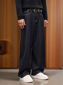 Manfinity Hypemode Letter Print Pocket Loose Wide Leg Casual Jeans Street Hang Out Going Out College - Dark Wash - View 5