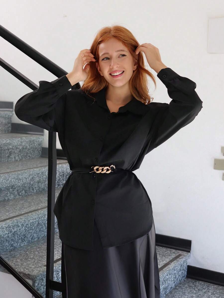 SILVIA DI SANTO 女士金属装饰长灯笼袖长衬衫，优雅时尚 - 黑色 - 查看 1