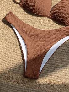 Swim Mod 女士纯色挂脖系带性感比基尼泳衣套装，夏季海滩 - 棕色 - 查看 3