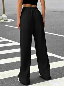 Muchica 女式抽绳直筒休闲皱褶宽松长裤 - 黑色 - 查看 2