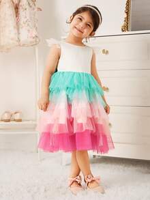 SHEIN Glamorique Kids 女童公主裙，生日派对、婚礼、节日舞会礼服，独角兽服装，彩色薄纱蛋糕裙，后背蝴蝶结，可爱俏皮的日常穿着连衣裙，适合舞台表演，中东、欧洲和美国 - 白色 - 查看 3