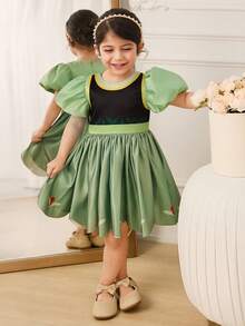 Glamorique Kids 1. 清新绿色泡泡袖公主裙，优雅刺绣安娜风格女童派对礼服，缎面正式场合礼服 - 綠色 - 查看 4