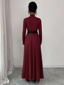 SHEIN Elenzya 女士奢华纯色长款针织连衣裙，半高领设计，修身剪裁，腰带装饰，凸显身材，复古优雅，适合日常、约会、晚宴、情侣装，秋冬内搭，春季外穿。 - 紅色 - 查看 2