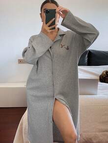 DAZY Butterfly Embroidery Pattern Loose Long Sleeve Cardigan Sleepwear Robe - Grey - View 4