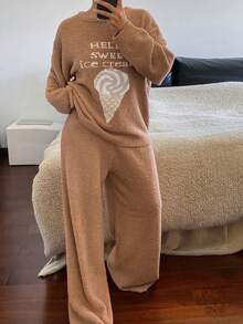 DAZY 2 piezas Conjunto de pijama holgado de punto de felpa con estampado de helado para mujer, otoño/invierno - Marrón - Ver 4