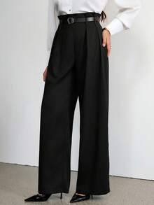 SHEIN Tall High-Waisted Retro Straight Black Trousers, Casual Daily Wear, Autumn And Winter Women's Bottoms, Business Casual Women's Wear, 90s Wear, Homecoming, Korean Fashion, Office Wear, Renaissance, Old Money Style, Prom, , Goth, , Festival,New Year,Valentine - Black - View 1