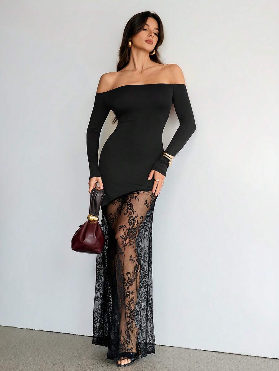 SHEIN Tall Women's Elegant Romantic Date Sexy Party Black Off Shoulder Long Sleeve Lace Waist Tight Asymmetrical Hem Lace Patchwork Maxi Dress, Autumn - Black - View 1